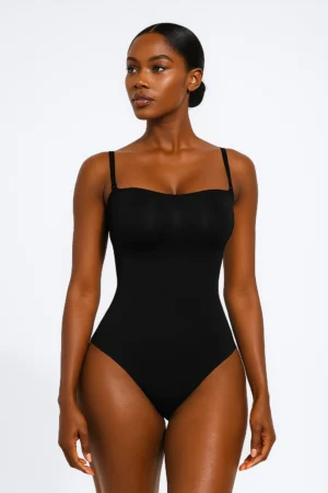 Detachable Strap Brief Bodysuit BLACK FRONT